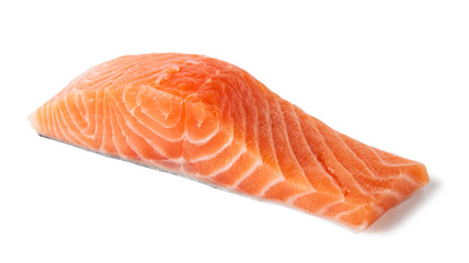 Raw salmon fillet slices, isolated on a white background.