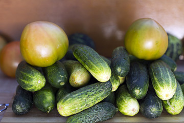 Organic tomatoes, fresh cucumber and unripe watermelon