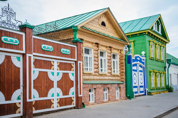 Russia, Kazan, August 4, 2018: wooden houses on Kayum Nasyri street