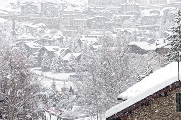 View of El Tartter village in Andorra during a heavy snowfall