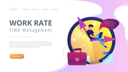 A freelance developer sitting on the clock hands with a laptop. Time management, productivity, efficiency, work rate, perfomance concept, violet palette. Website landing web page template.