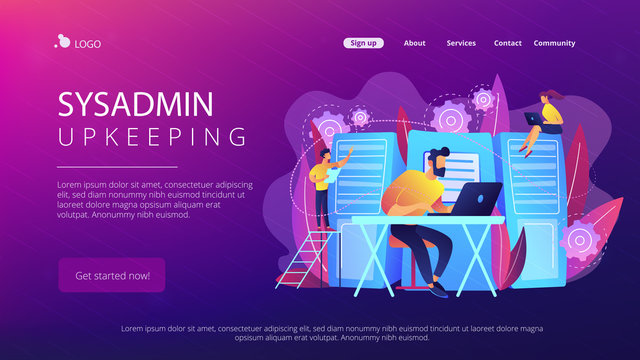 System administrators or sysadmins are servicing server racks. System administration, upkeeping, configuration of computer systems and networks concept. Violet color. Website landing web page template
