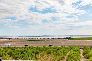 Landscape. Road, fields and lake in the background