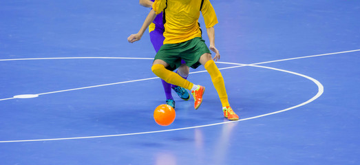 Football Futsal Ball and man Team. Indoor Soccer Sports Hall.