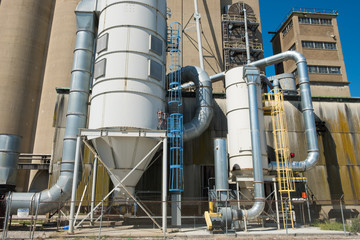 View of section of a grain elevator, an agrarian facility complex used to stockpile and store grain
