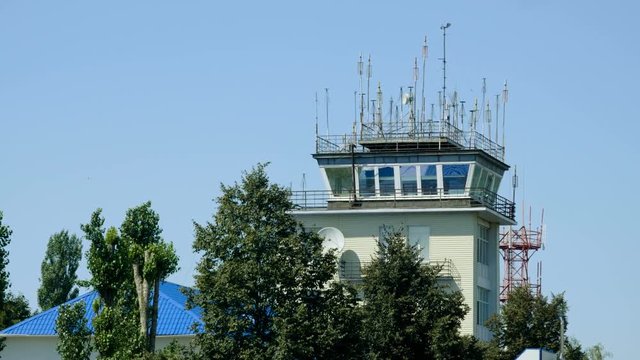Exterior view of air traffic control tower. 4K