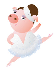 Lovely dancing piglet in a ballet tutu with pointe and tinsel. Vector illustration.  Isolated on transparent background.  Excellent for the design of postcards, posters, stickers and so on.