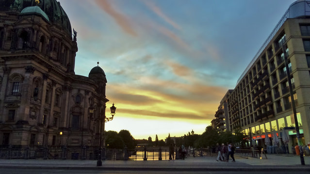 The Berlin Cathedral Church and Liebknecht Bridge, sunset time, at