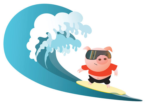 Pig  surfer with sunglasses. Vector illustration.  Isolated on transparent background.  Excellent for the design of postcards, posters, stickers and so on.
