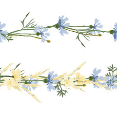 Seamless patterns ornaments of grass spikelets and cornflowers, vector illustration.