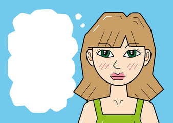 Curious pensive girl or young woman thinking with blank speech bubble copy space.