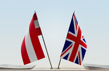 Fototapeta na wymiar Two flags of Austria and United Kingdom