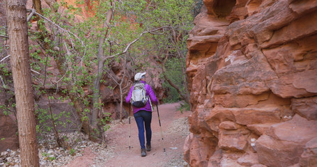 Senior outdoor enthusiast hiking trail with trekking staffs in sandstone canyon