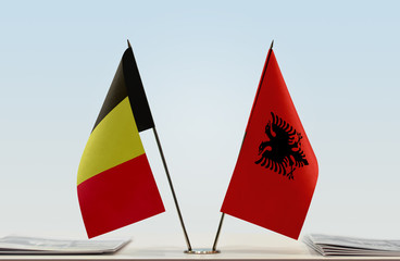 Two flags of Belgium and Albania