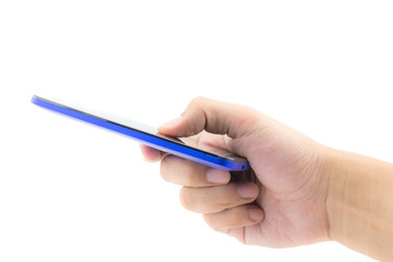 Male hand holding blank smart phone on white background