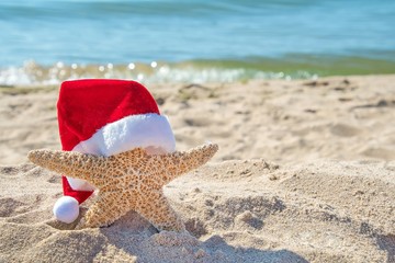 Christmas hat on starfish in beach sand with ocean water background