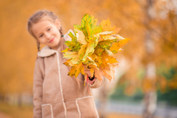 Portrait of adorable little girl with yellow leaves bouquet in fall