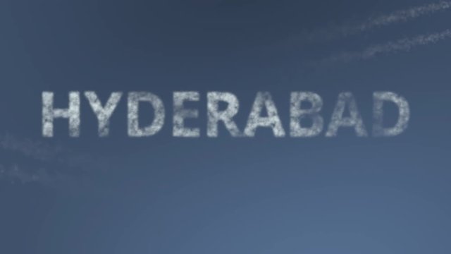 Flying airplanes reveal Hyderabad caption. Traveling to Pakistan conceptual intro animation