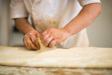 Obraz na płótnie Canvas Baker hands kneading dough bread