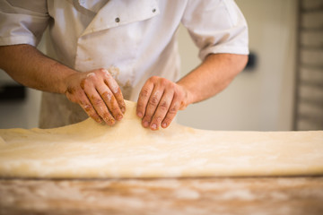 Baker hands kneading dough white baking