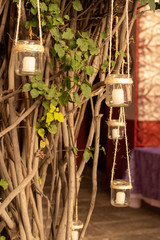 Candles hanging from a climbing plant with white and red background