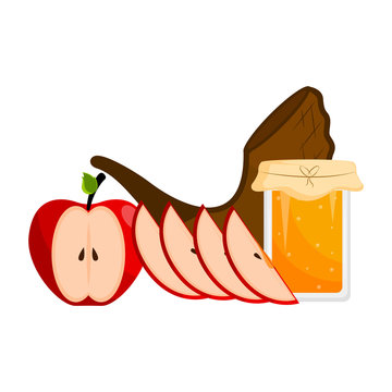 red apple slices, honey jar, shofar clip art preview
