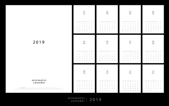 Calendar 2019 Trendy Minimalist Style. Set of 12 pages desk calendar. minimal calendar planing vector design for printing template