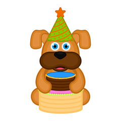 Cute dog with a party hat and a cake