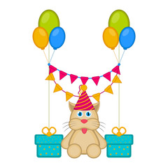 Cute cat with a party hat and presents