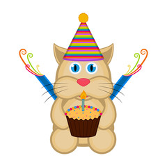 Cute cat with a party hat and a cake