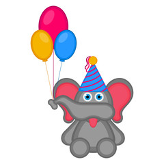 Cute elephant with a party hat and balloons