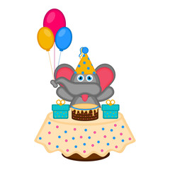 Cute elephant with a party hat, a cake and presents