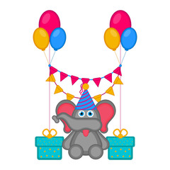 Cute elephant with a party hat and presents