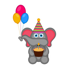 Cute elephant with a party hat and a cake