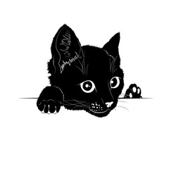 Векторный рисунок. Чёрный силуэт выглядывающей кошки 