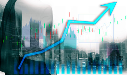 Businessman and Building background with stock market or forex graph (blue line up) for financial concept. Double exposure 