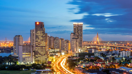 Bangkok city - Aerial view of Bangkok city downtown cityscape urban skyline at night , landscape Thailand