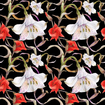 Watercolor floral black seamless pattern by alstroemeria and calochortus