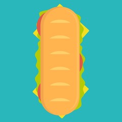 Sub sandwich whole grain grains baguette with cheese from above isolated on a white background. Stock flat vector illustration.