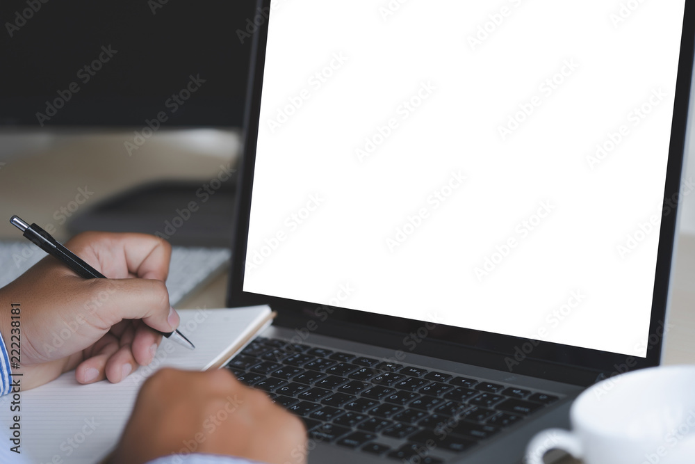 Poster mock up using laptop with blank screen computer modern