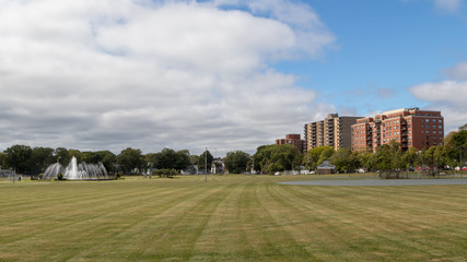 Baseball fields on Halifax commons, grassy, clouds, buildings, skyline.