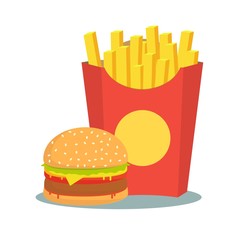 black and white French fries with burger. Stock flat vector illustration.