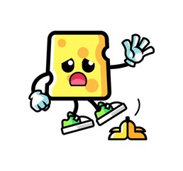 Cheese slip on banana peel mascot cartoon illustration