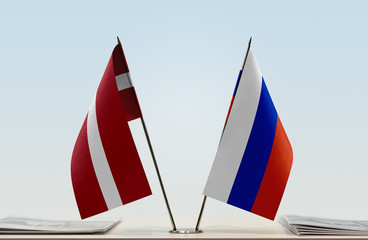  Two flags of Latvia and Russia