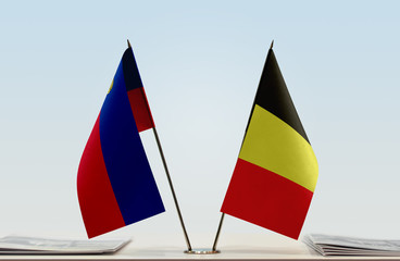 Two flags of Liechtenstein and Belgium