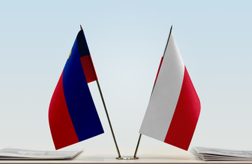 Two flags of Liechtenstein and Poland