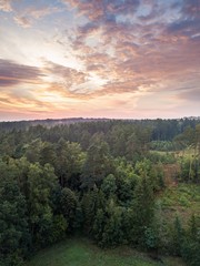 Obraz premium Aerial: Summer sunset over foggy forest