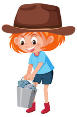 A red hair girl carry bucket full of fish