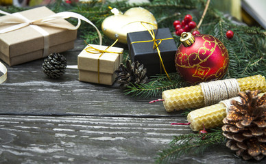 festive christmas background top view with wooden table texture