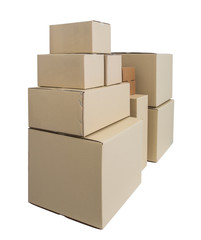 Obraz premium Cardboard Boxes in different sizes stacked boxes isolated on white backgrouns